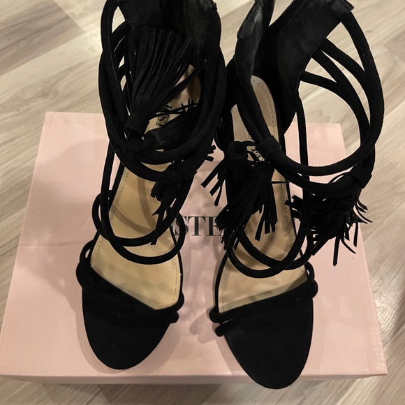 JustFab Shoes - Black tassel/strapped 3.5inch heels